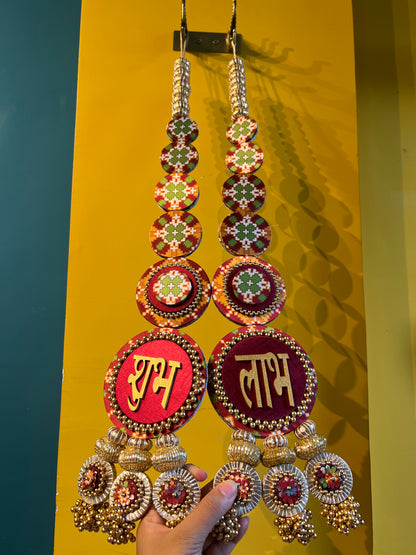 Awe-inspiring Shubh labh : Maroon Navratna Patola + Pastel Pistachio Infloresence Divine Pichwai