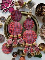 Load image into Gallery viewer, Shri Yantra &amp; Lakshmi Pagla Danglers: Solid Maroon + Vermillion Divine Pichwai
