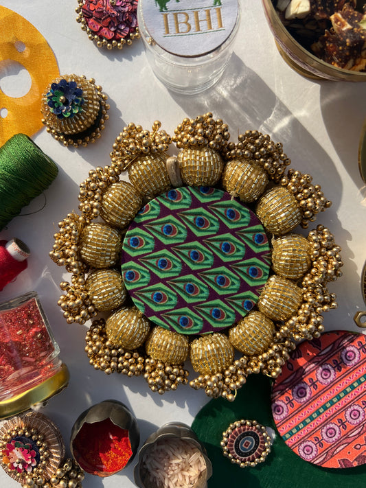 Spherical Mini Platter: Quill Mor Bani Thangat Kare + Bottle Green Navratna Patola