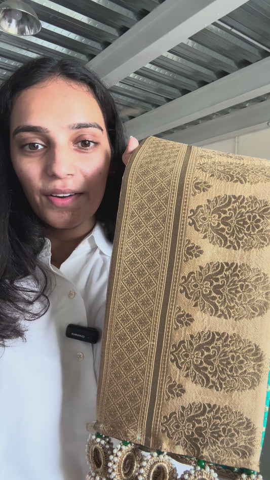 Tambeela two-sided wedding khes with copper-gold zari and Rama green fabric, finished with crochet gota patti tassels – IBHI

