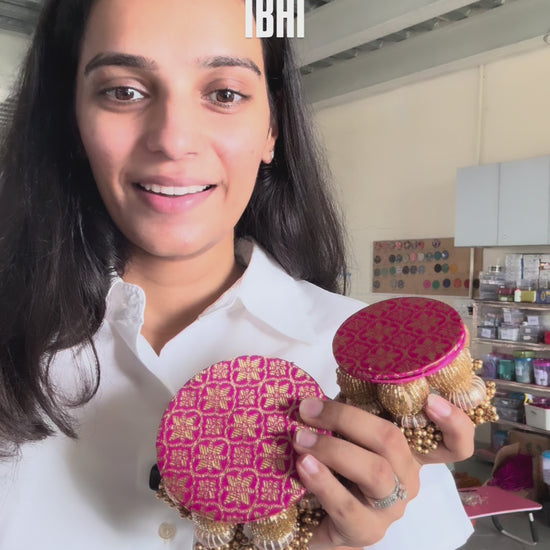 Chandkali pink dangler platter with floral weave, pink silk back, gold glass bead and gota patti tassels – available in 3" and 4" sizes

