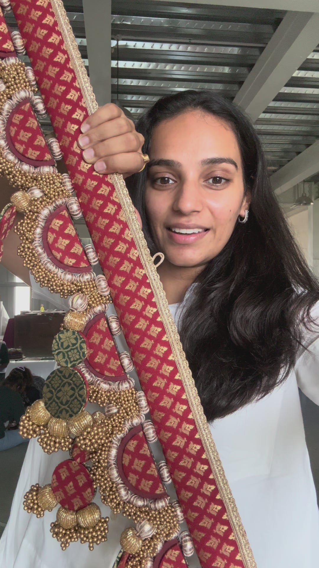 Gulharsh dual-sided toran in maroon and green Banarasi fabric with handcrafted beaded arcs and elegant danglers by IBHI

