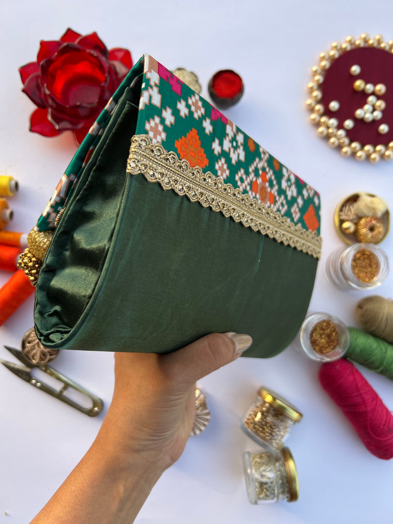 Seven Heaven Bottle Green Navratna Patola Micro Beaded Solid Silk Clutch