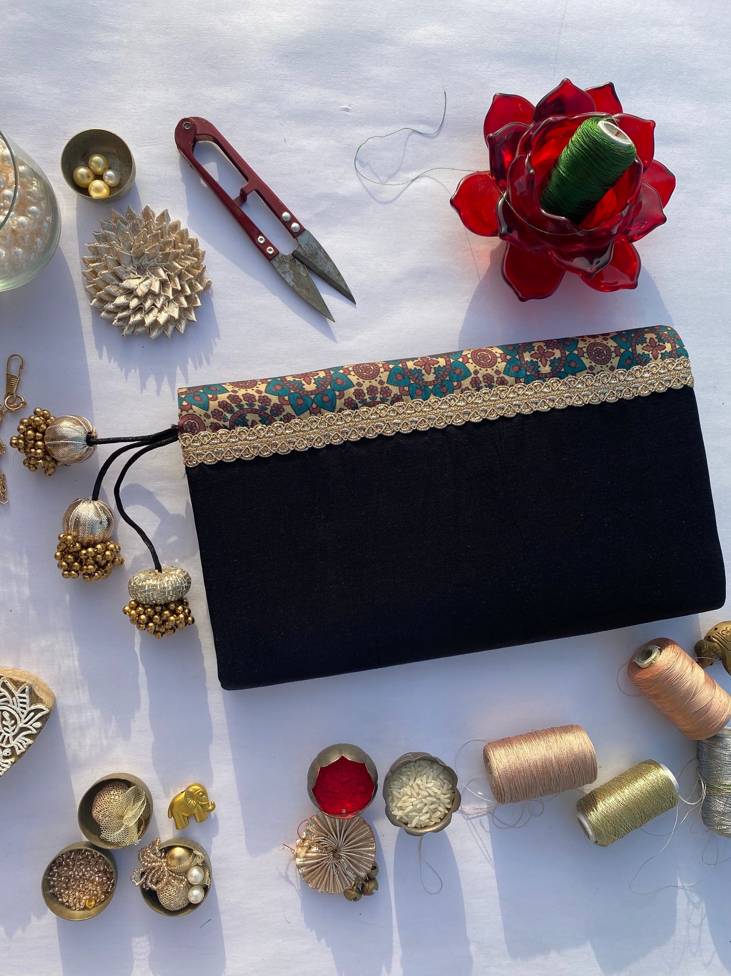 Burnt Pantone Intense Ajrakh X Solid Black Silk Encase Clutch