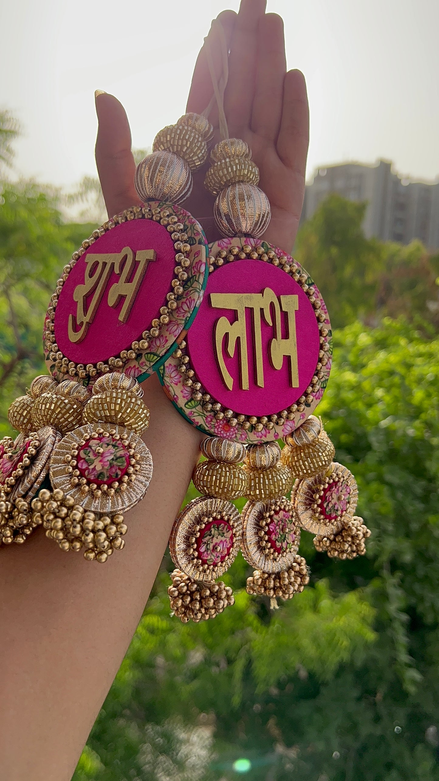 OG Inflorescence Divine Pichwai & Bottle Green Navratna Patola  Shubh Labh Dangler- Set of 2