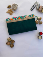 Load image into Gallery viewer, Bottle Green Navratna Patola X Solid Silk Encase Clutch - IBHI