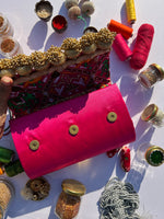 Load image into Gallery viewer, Micro Beaded Clutch- Magenta Pink Hathi Popat Patola X Solid Black Silk