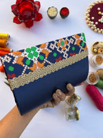 Load image into Gallery viewer, Seven Heaven Navy Blue Navratna Patola Micro Beaded X Solid Silk Clutch