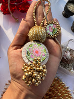Load image into Gallery viewer, Pastel Pistachio Inflorescence Divine Pichwai Couple Rakhi Ensemble III
