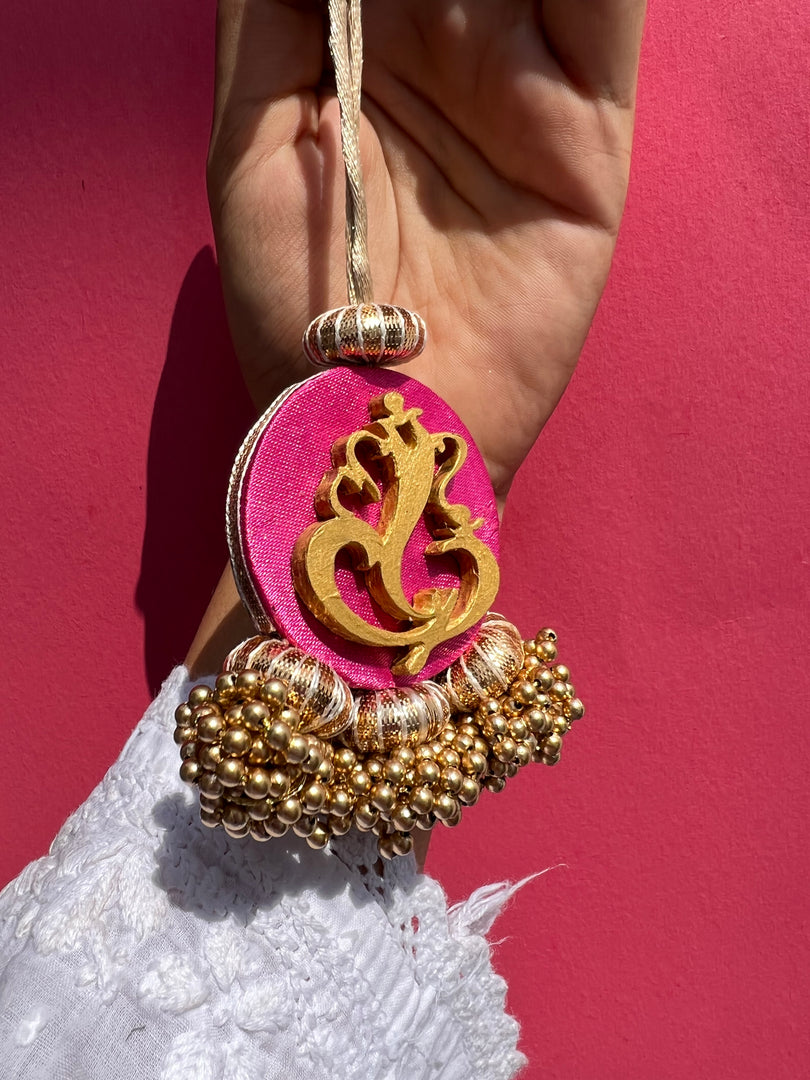 Ganesh Motif Mini Gota Charm: Solid Pink & Divine Pichwai Car Hanging
