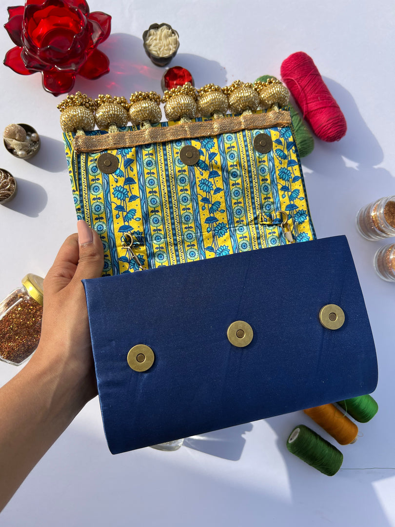 Seven Heaven Yellow Congruous Divine Pichwai Micro Beaded X Solid Silk Clutch