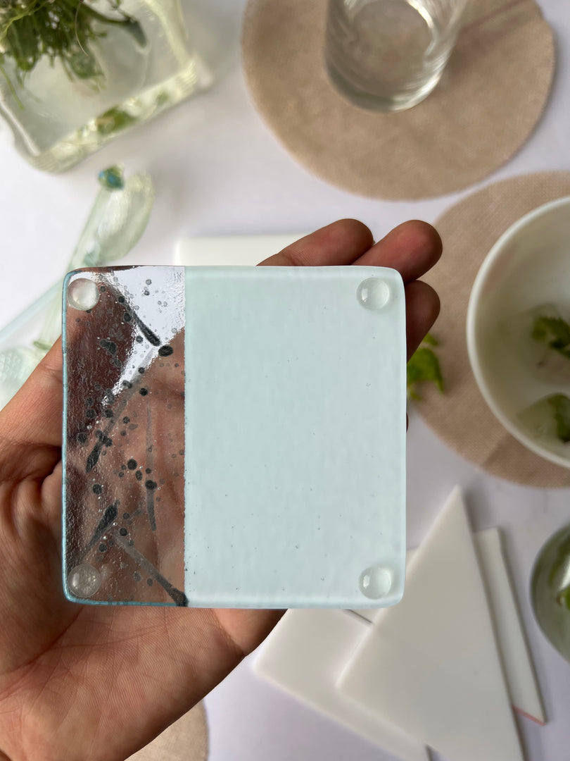 Even-steven Splash & Solid Milk White Fused-Glass Coasters