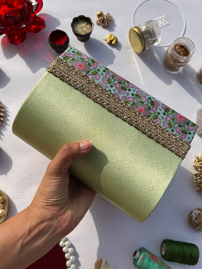 Sylphlike Pastel Pistachio Inflorescence Divine Pichwai Micro Beaded X Solid Silk Clutch-48 Hours Shipping