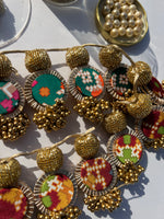 Load image into Gallery viewer, Bottle Green &amp; Maroon Navratna Patola Spherical Glass Lumba Toran

