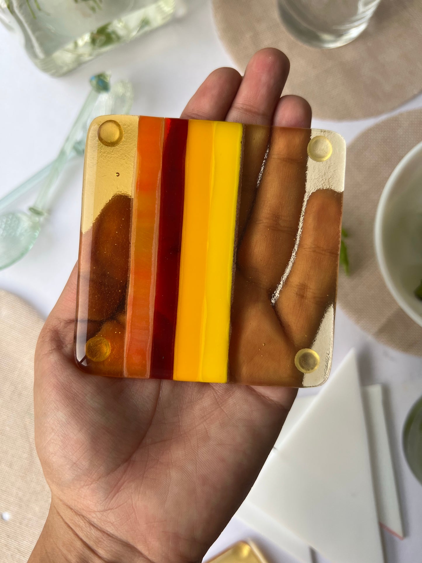 Amber & Blood Red Fused Glass Coasters