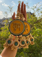 Load image into Gallery viewer, Harmony Mor Bani Thangat Kare &amp; Maroon Navratna Patola Shubh Labh Danglers- Set of 2
