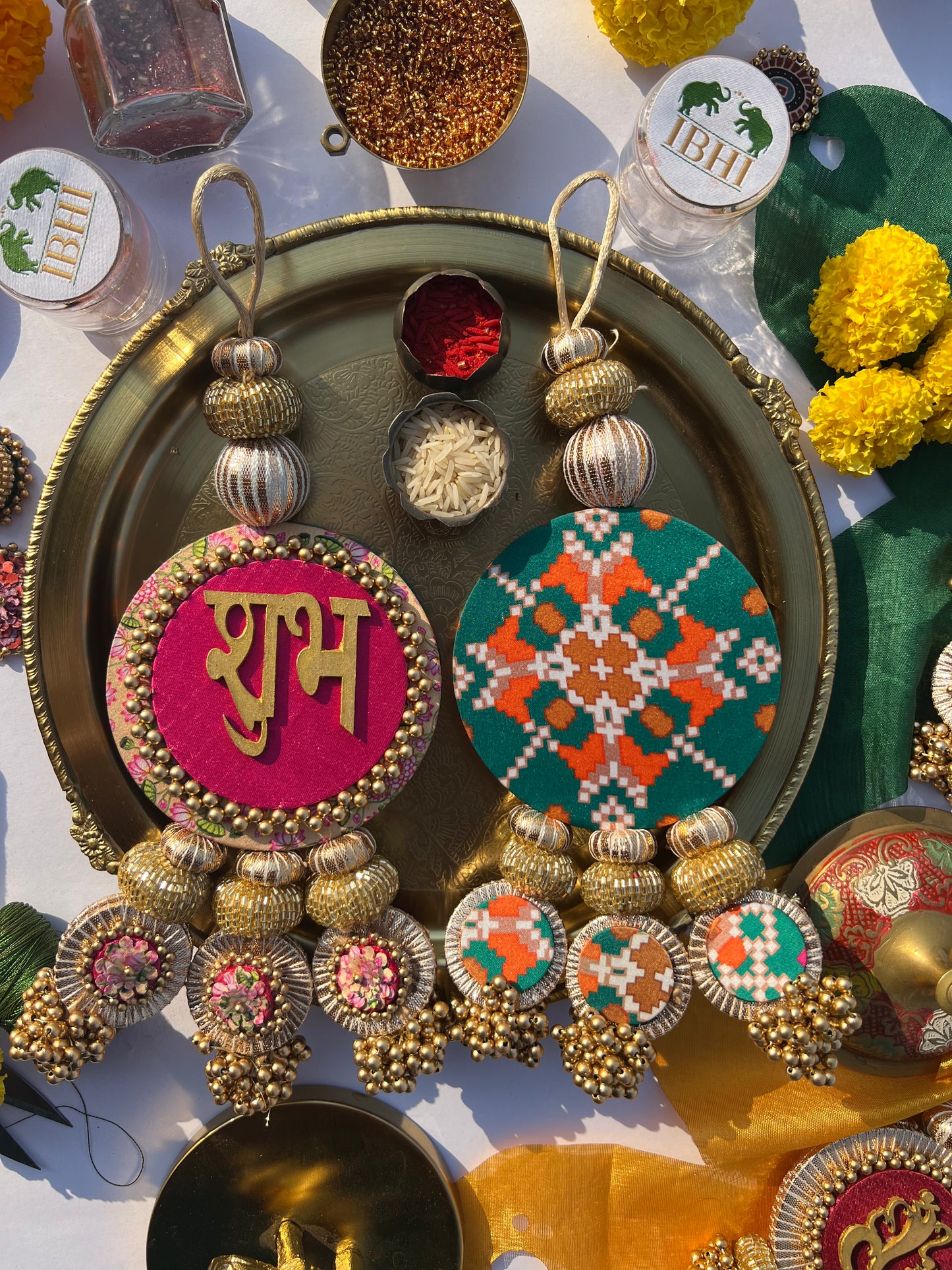 OG Inflorescence Divine Pichwai & Bottle Green Navratna Patola  Shubh Labh Dangler- Set of 2