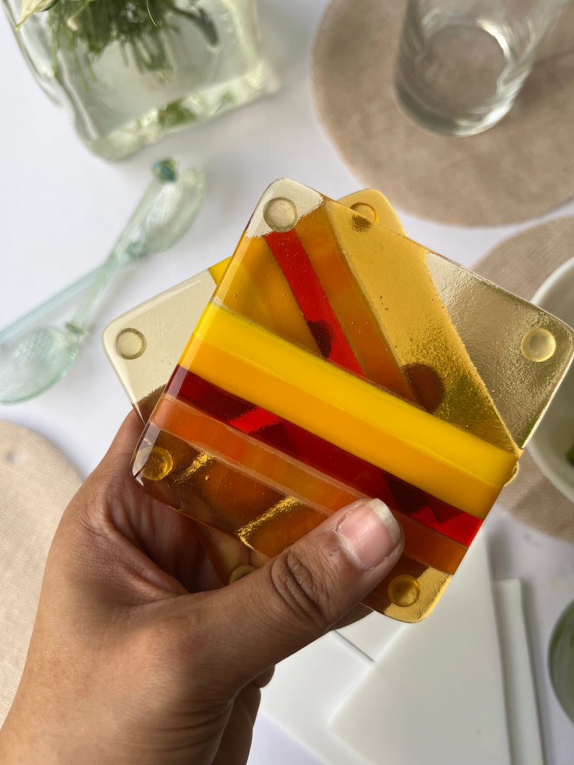 Amber & Blood Red Fused Glass Coasters