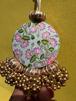 Load image into Gallery viewer, Ganesh Motif Mini Gota Charm: Solid Pink &amp; Divine Pichwai Car Hanging