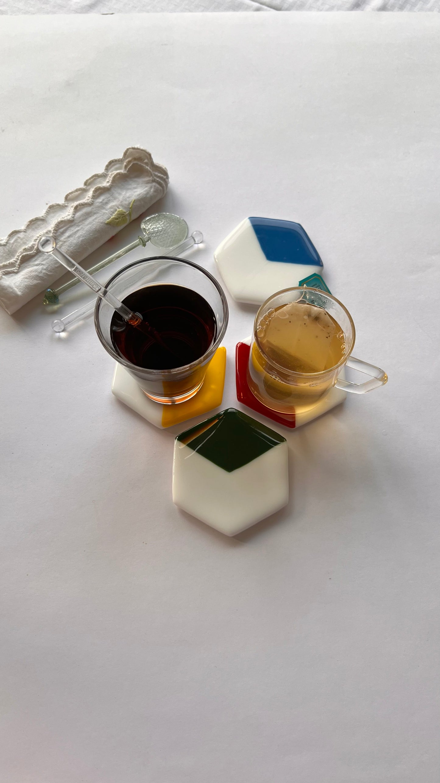 RBG & Solid Milk White Fused-Glass Coasters-Set of 4