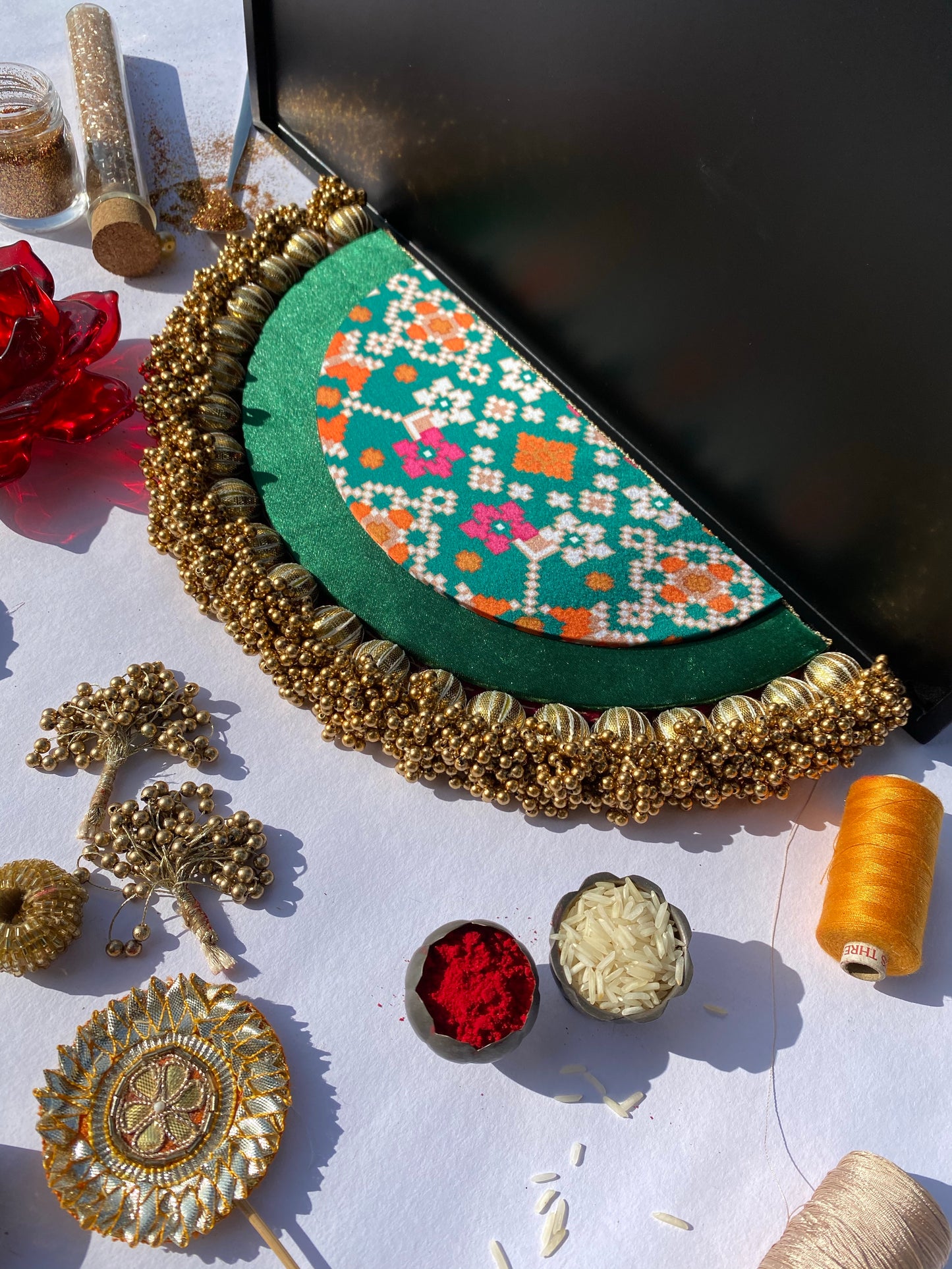 Bottle Green Navratna Patola & Inflorescence Divine Pichwai Copper Beaded Arc Rangoli