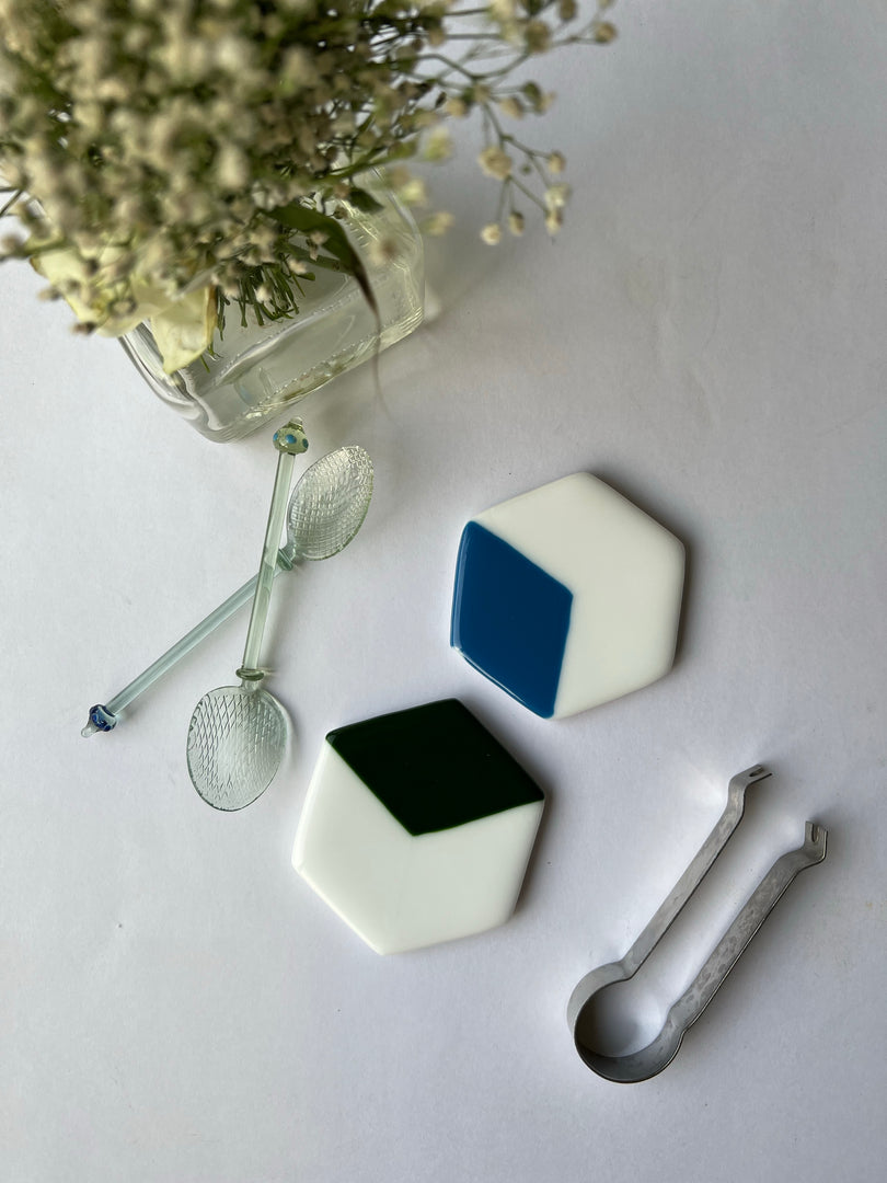 RBG & Solid Milk White Fused-Glass Coasters-Set of 4