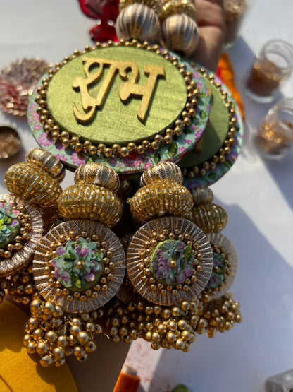 Maroon Navratna Patola & Pastel Pistachio Inflorescence Divine Pichwai Dangler- Set of 2