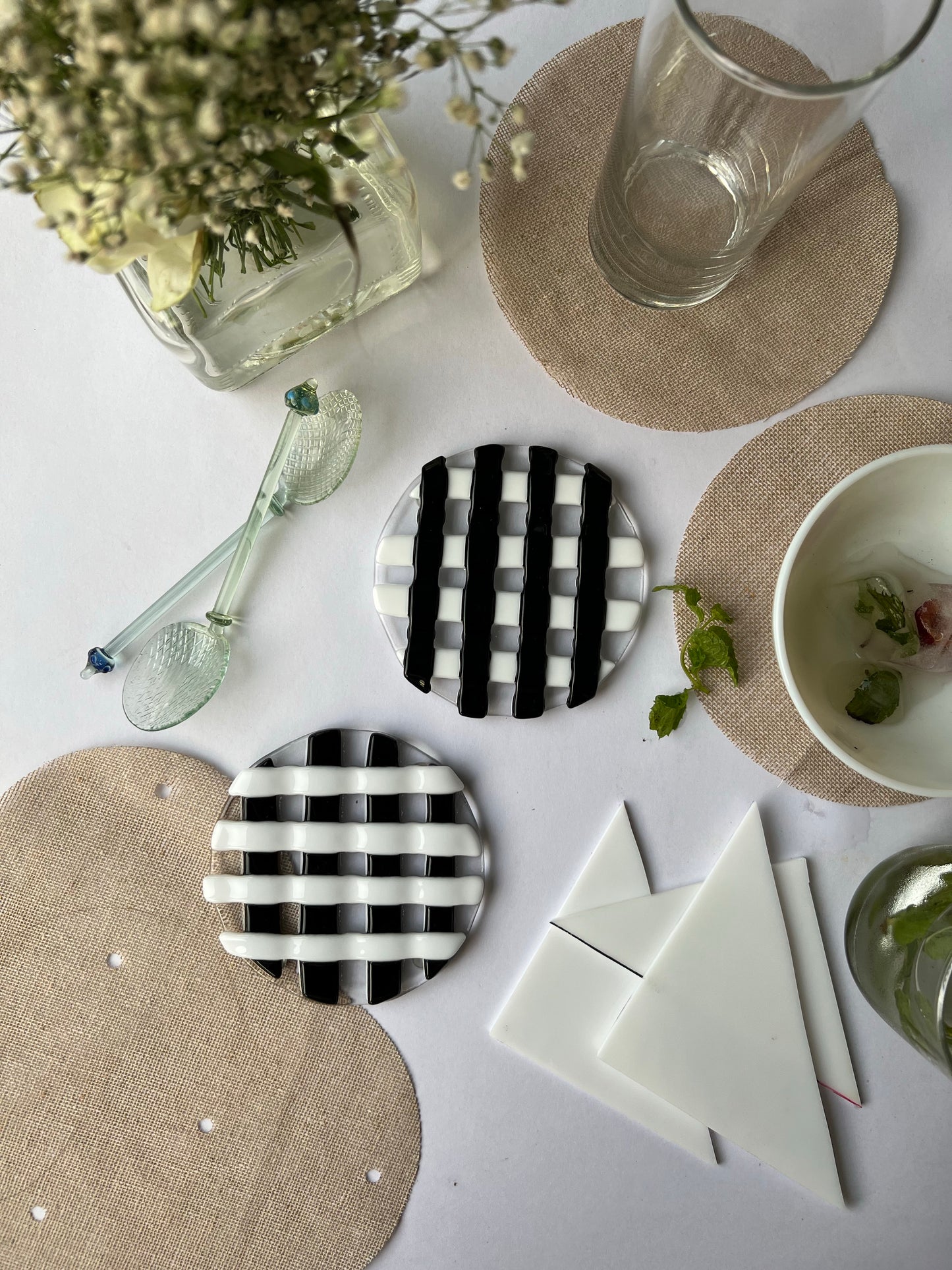 Raised Checkered Fused Circular Glass Coasters