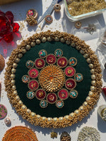 Load image into Gallery viewer, Mandala X Solid Bottle Green + Maroon Navratna Patola Gathered Rangoli
