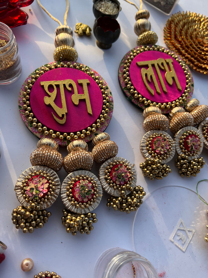 OG Inflorescence & Pink Colloquial Divine Pichwai Shubh Labh Danglers- Set of 2