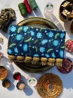 Load image into Gallery viewer, Seven Heaven Blue Colloquial Divine Pichwai Micro Beaded X Solid Silk Clutch