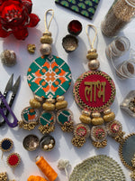 Load image into Gallery viewer, OG Inflorescence Divine Pichwai &amp; Bottle Green Navratna Patola  Shubh Labh Dangler- Set of 2
