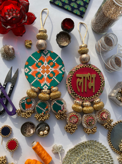 OG Inflorescence Divine Pichwai & Bottle Green Navratna Patola  Shubh Labh Dangler- Set of 2