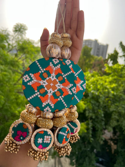 OG Inflorescence Divine Pichwai & Bottle Green Navratna Patola  Shubh Labh Dangler- Set of 2