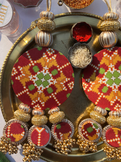 Maroon Navratna Patola & Pastel Pistachio Inflorescence Divine Pichwai Dangler- Set of 2