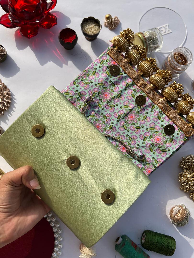 Sylphlike Pastel Pistachio Inflorescence Divine Pichwai Micro Beaded X Solid Silk Clutch-48 Hours Shipping