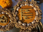 Load image into Gallery viewer, Ganesh &amp; Shubh Labh Dangler- Solid Mustard + Maroon &amp; Bottle Green Navratna Patola