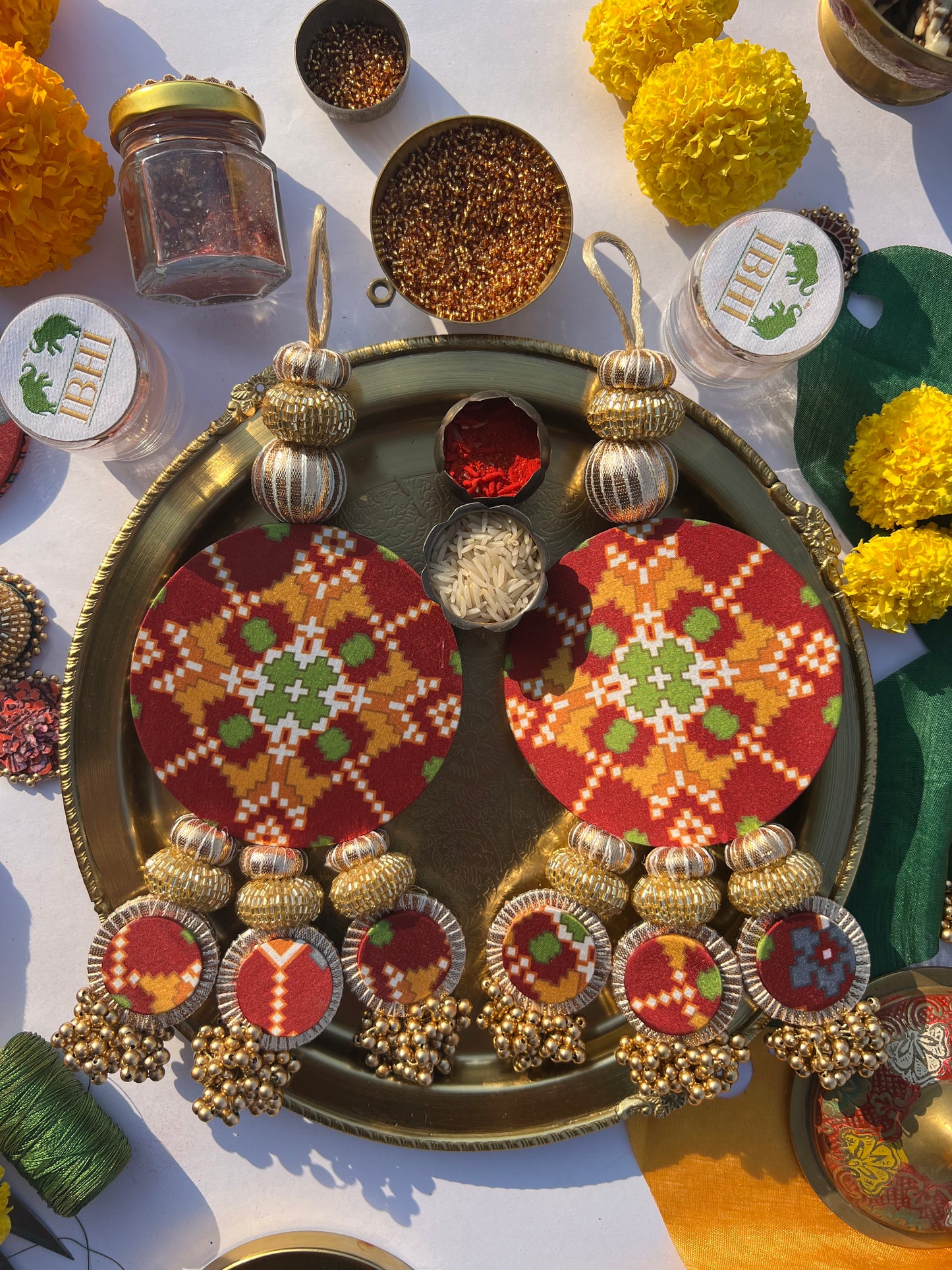 Maroon Navratna Patola & Pastel Pistachio Inflorescence Divine Pichwai Dangler- Set of 2