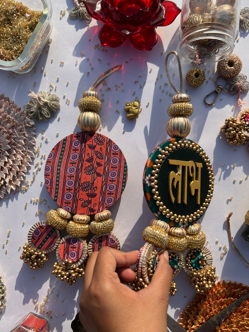 Bottle Green Navratna Patola & Vermillion Congruous Divine Pichwai Shubh Labh Danglers- Set of 2
