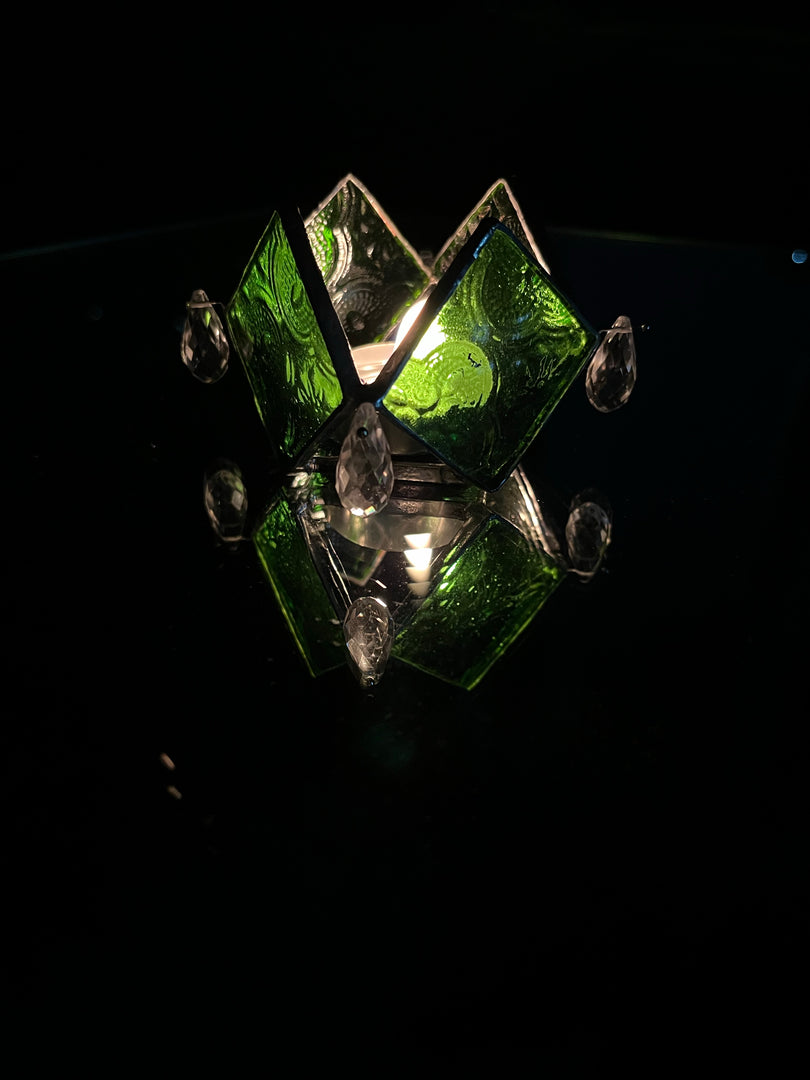 Rhombus Emerald Green Textured Glass Diya
