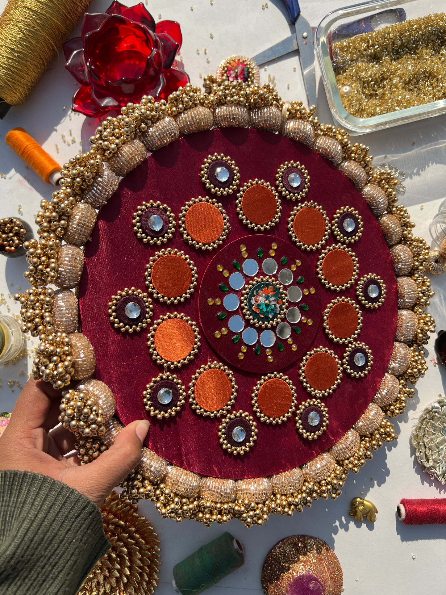 Mandala X Maroon Parsi Gara Glass Beaded Rangoli