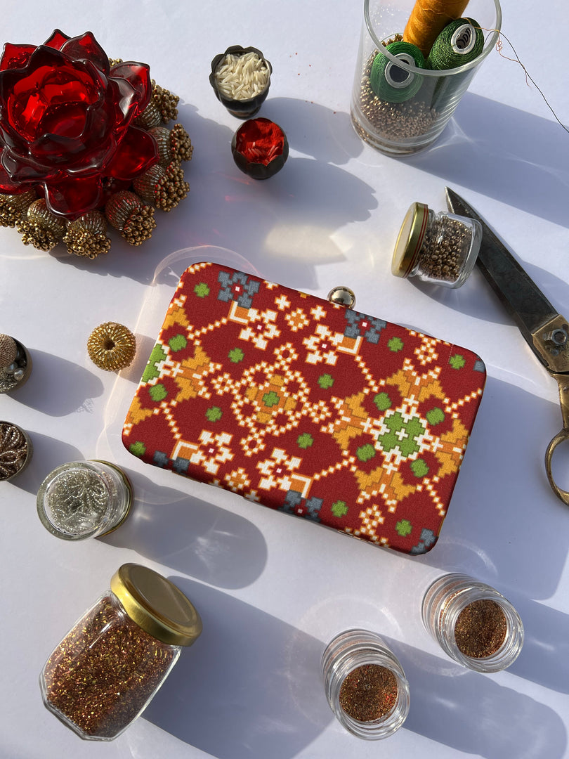 Maroon Navratna Patola Rectangle Box Clutch
