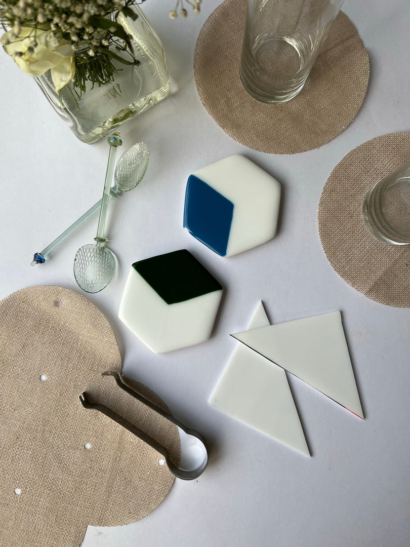 RBG & Solid Milk White Fused-Glass Coasters-Set of 4