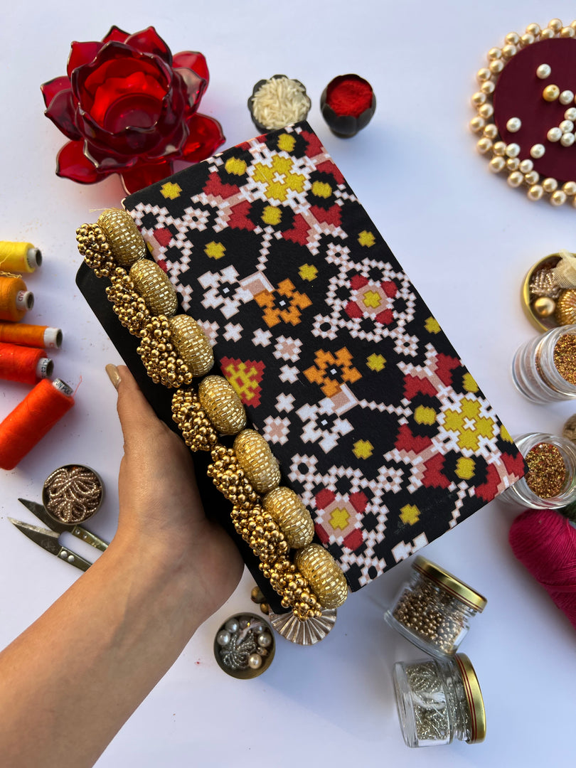 Seven Heaven Black Navratna Patola Micro Beaded X Solid Silk Clutch