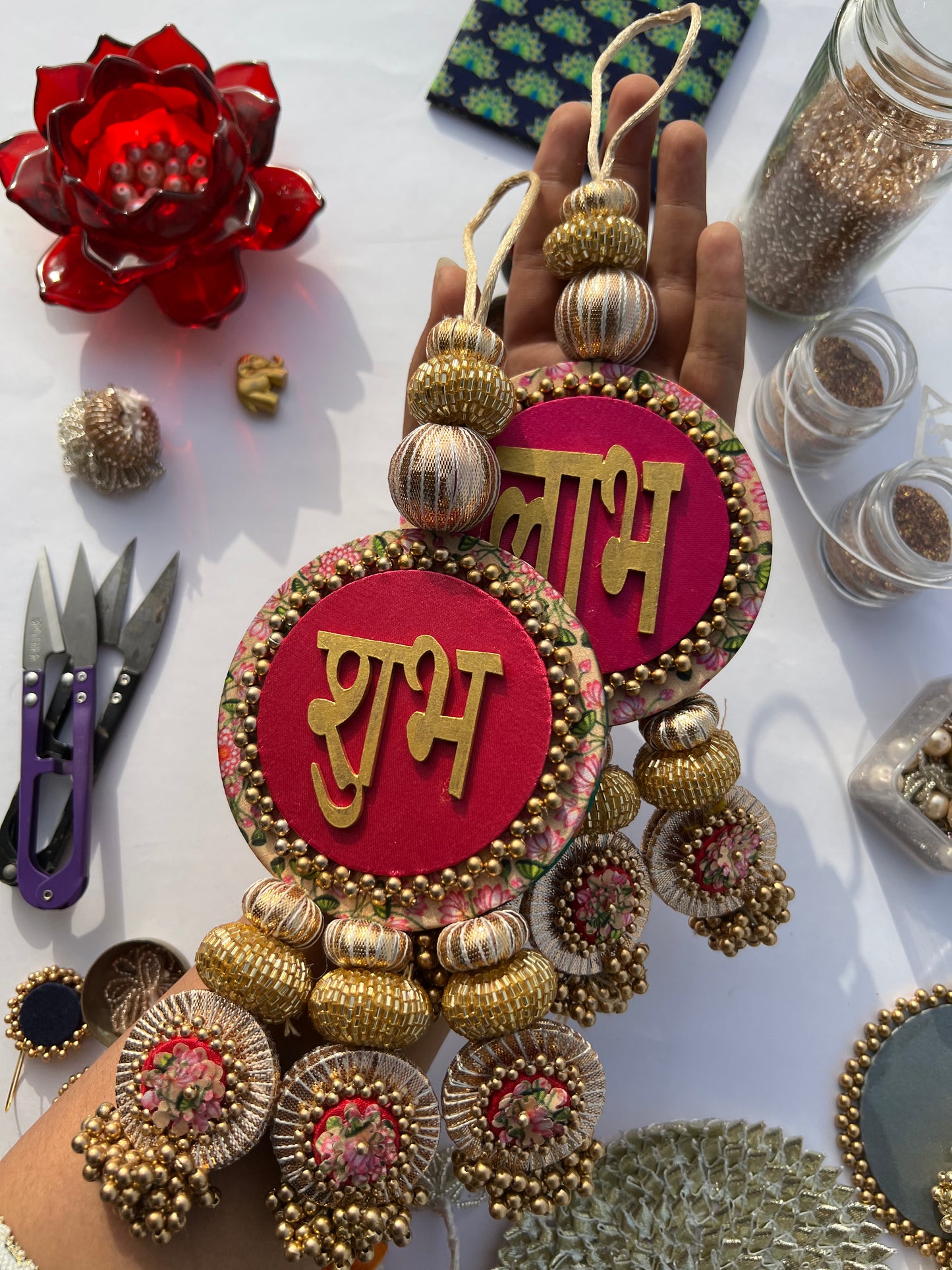 OG Inflorescence Divine Pichwai & Bottle Green Navratna Patola  Shubh Labh Dangler- Set of 2