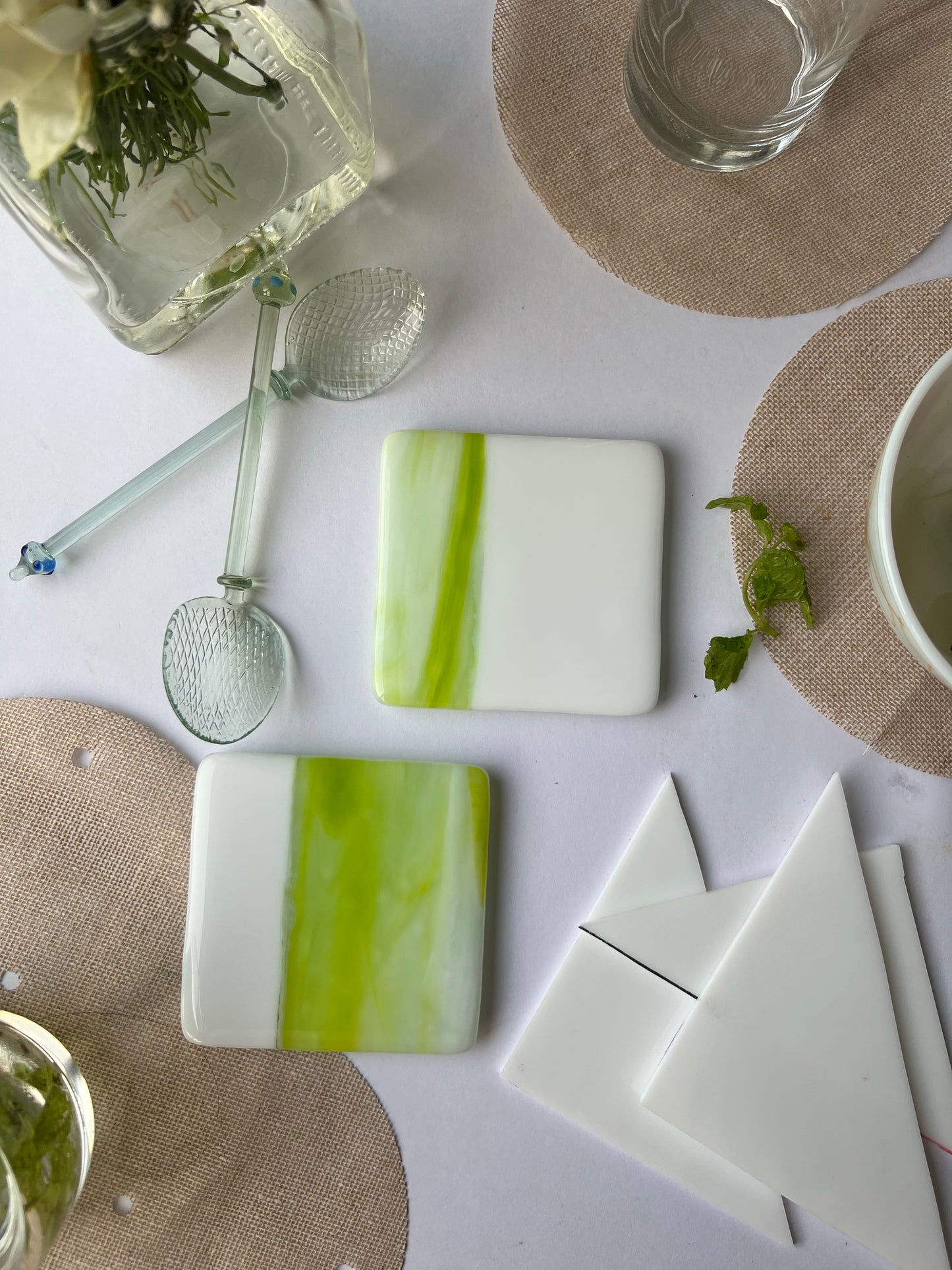 Verdure Green & Solid Milk White Fused-Glass Coasters