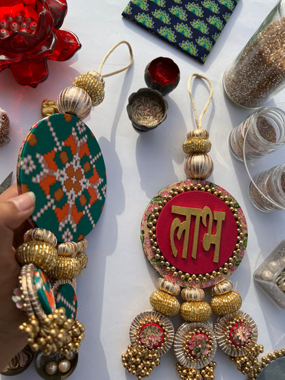 OG Inflorescence Divine Pichwai & Bottle Green Navratna Patola  Shubh Labh Dangler- Set of 2