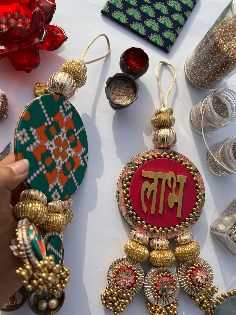 OG Inflorescence Divine Pichwai & Bottle Green Navratna Patola  Shubh Labh Dangler- Set of 2