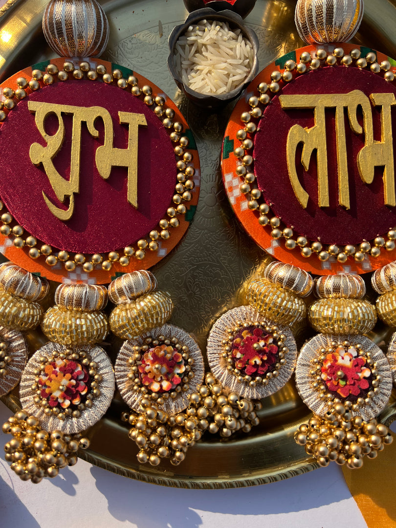 Golden Yellow & Maroon Navratna Patola Shubh Labh Dangler- Set of 2