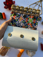 Load image into Gallery viewer, Seven Heaven Grey Navratna Patola Micro Beaded X Solid Silk Clutch